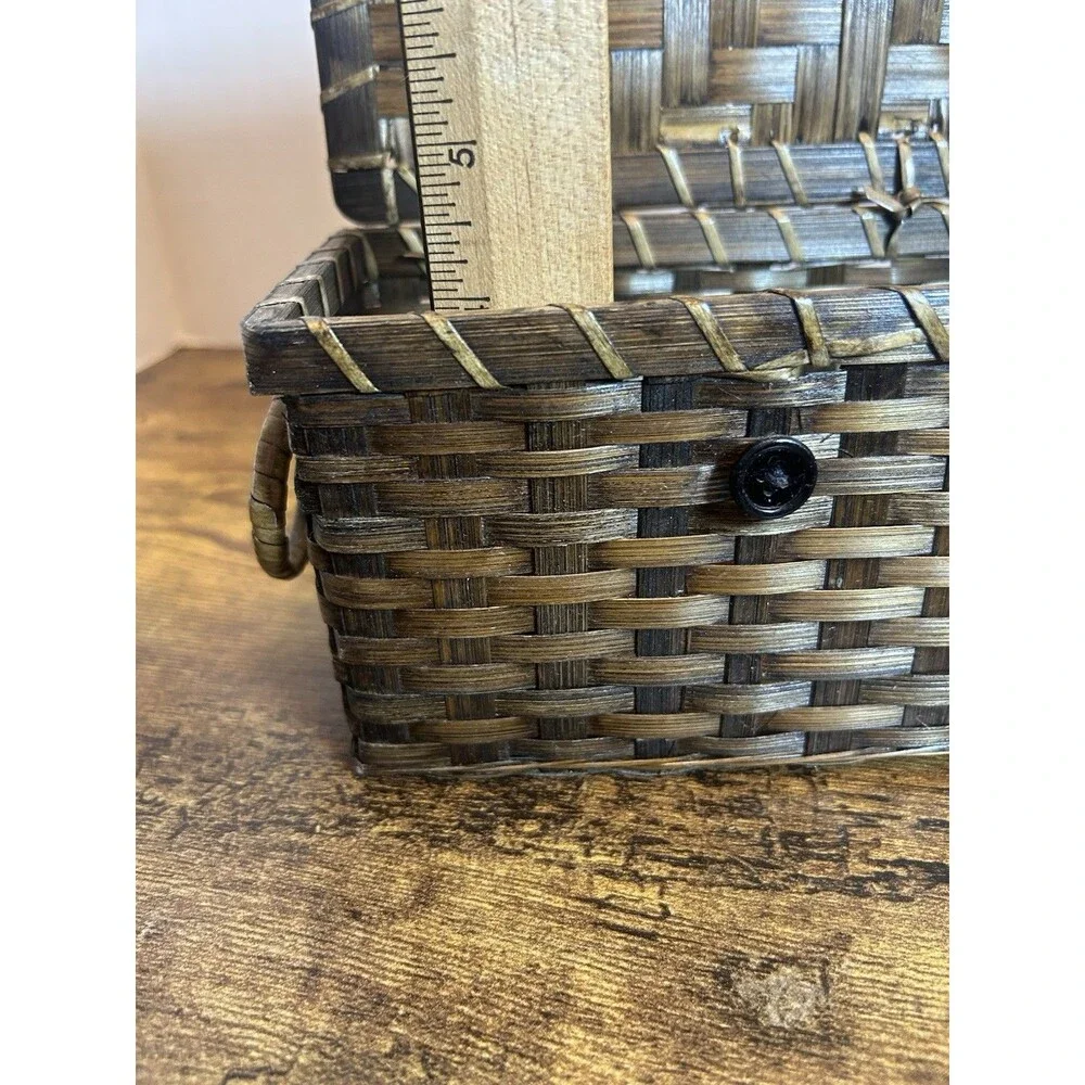 Vintage Woven Wicker Basket Hinged Lid Ring Handles Rustic Trinket Storage Decor